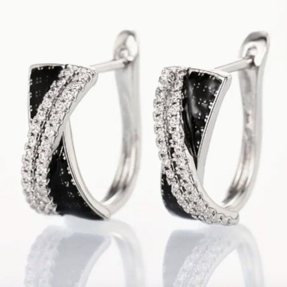 Silver Plated Black Diamond Embellished Earrings - Picture 1 of 7